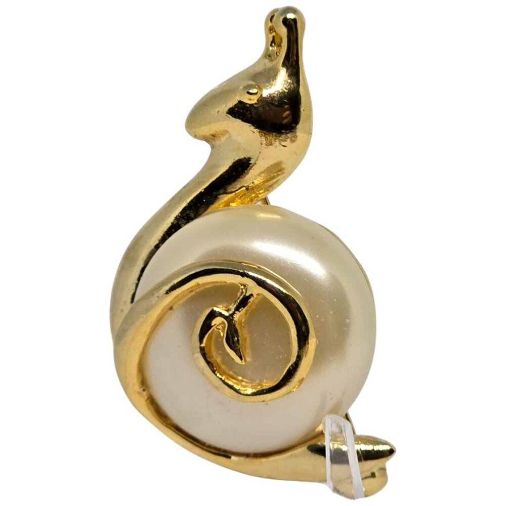 Vintage Gold Tone Snail Brooch Faux Pearl Spiral Pin Costume Jewelry Cute Gift